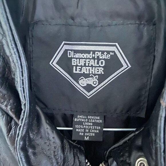 Diamond Plate Buffalo Leather Patchwork Motorcycle Mens Jacket American Flag Med - Picture 5 of 6